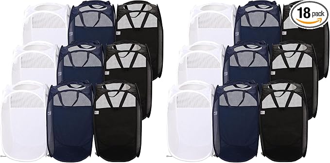 AQQA 9 Pcs Mesh Popup Laundry Hamper Set, Black/White/Blue, Durable Handles, Foldable, Sturdy Mesh Construction, Ideal for Kids, Teens, Adults, College Dorm, Camping, Hotel, Travel (Pack of 2) by AQQA