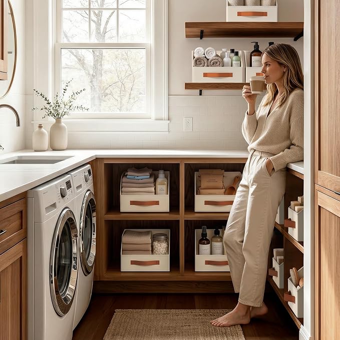 Fabric Storage Bins for Organizing - 8 Pack Large Trapezoid Collapsible Storage Bins with Front Handle, Closet Organizers and Storage for Bedroom, Home Shelves, Small Spaces, Beige - Image 5