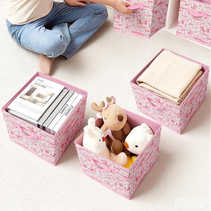 6 Pcs Pink Western Cube Storage Bins 12.5 Inch Cowgirl Storage Basket with Handle, Preppy Girls Organizer Basket, Collapsible Fabric Box for Classroom Bedrooms Office Home Decoration (Pink western) - Image 6