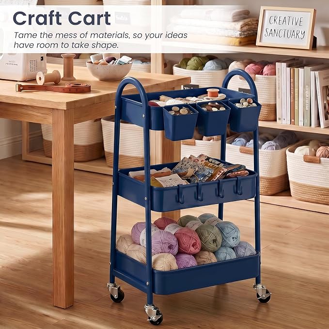 danpinera 3-Tier Rolling Cart, Utility Cart Mobile Metal Rolling Storage Cart with Lockable Wheels & Hanging Cups & Hooks for Kitchen, Bathroom, Office, Workshop, Dark Blue - Image 5