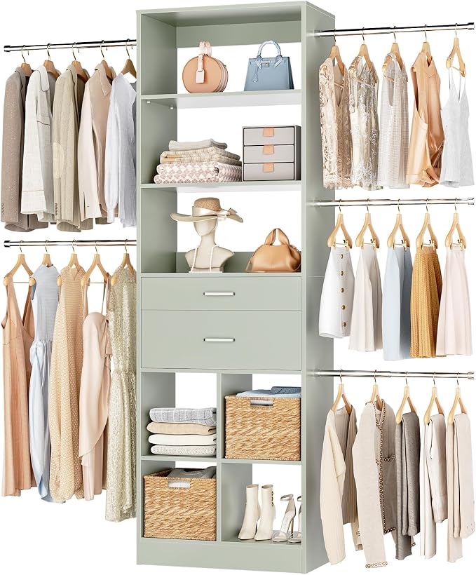 Small Closet System, 3.2-6.8FT Small Closet Organizer with 2 Wooden Drawers & 5 Hanging Rods, Can Fit 37.5 to 81.9 inch Walk-in Closet System, Built-in, Crab Green, Enclosed Storage Volume 2.32 ft³ by Besiost