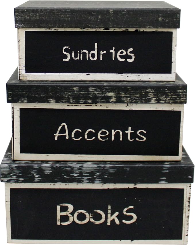 Primitive Vintage Rectangular “Sundries, Accents, Books” Cardboard Nesting Boxes, Large 12 X 9 X 5-1/2 Inch. Set of 3. - Image 2