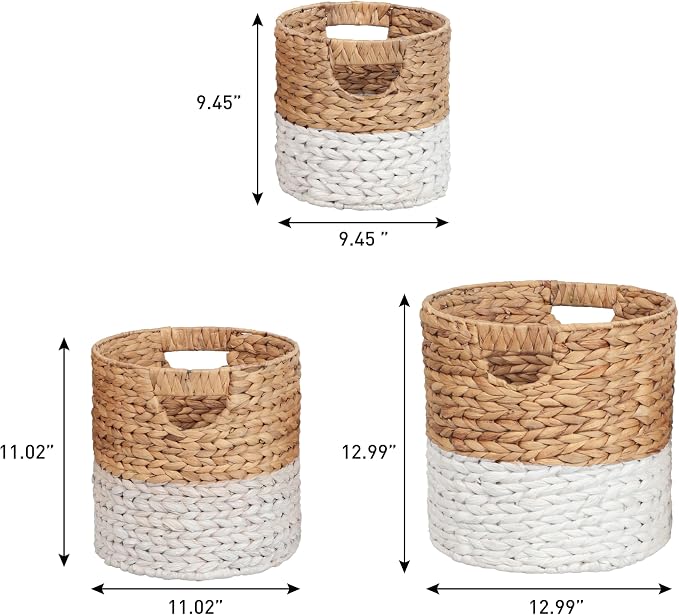 happimess Avery 3-Piece Cylinder Nesting Baskets 13", White/Natural | Hyacinth, Bohemian Cottage Style, Handwoven Wicker, Iron Metal Frame, Decorative Storage For Toys And Books, Built In Handles - Image 3
