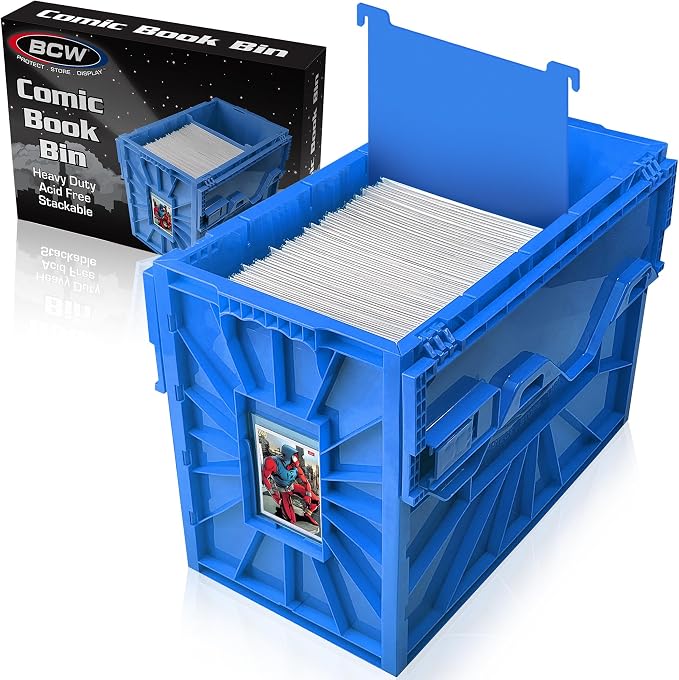 BCW Short Comic Book Bin, Holds 150 Comics Each, Blue, 1 Pack | Each acid-free plastic bin holds 150 Current or Silver Age comics with a locking lid, movable partition, and ID slot. by BCW