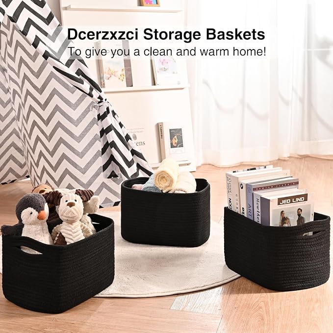 Small Storage Baskets for Organizing Shelves, Cotton Rope Basket for Storage, Cute Rectangular Book Toy Bins, 12.7"×9.1"×7.9", 4 Packs, Black - Image 6