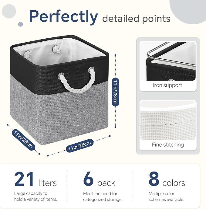 FinishingBo 11 inch Cube Storage Bin with Handles 6 Pack | Foldable Basket, Fabric Storage Bins, Closet Storage, Home Organizer (Black/ Gray) - Image 4