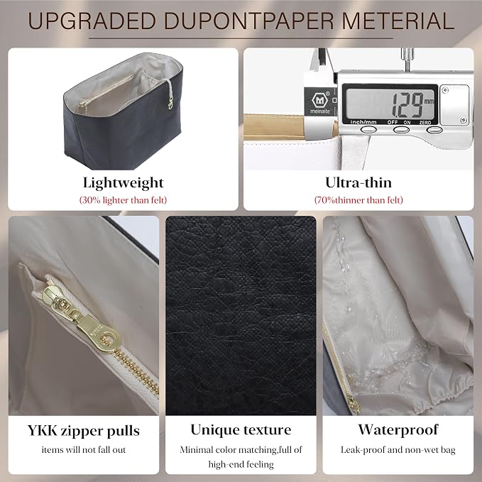 Purse Organizer Insert for Longchamp Le Pliage Large, Black Beige | 6-Compartment Bag Organizer with YKK Zipper Pocket, Cup Holder, Key Chain, Waterproof DupontPaper Lightweight Handbag Shaper - Image 6