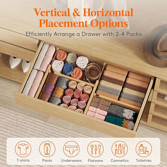 Lifewit 4" High Dresser Drawer Dividers, Adjustable Bamboo Drawer Organizer | 4 Pack 12"-16" Expandable Drawer Separator for Clothes, Utensils, Kitchen, Cabinet, Closet, Nursery Organization & Storage - Image 4