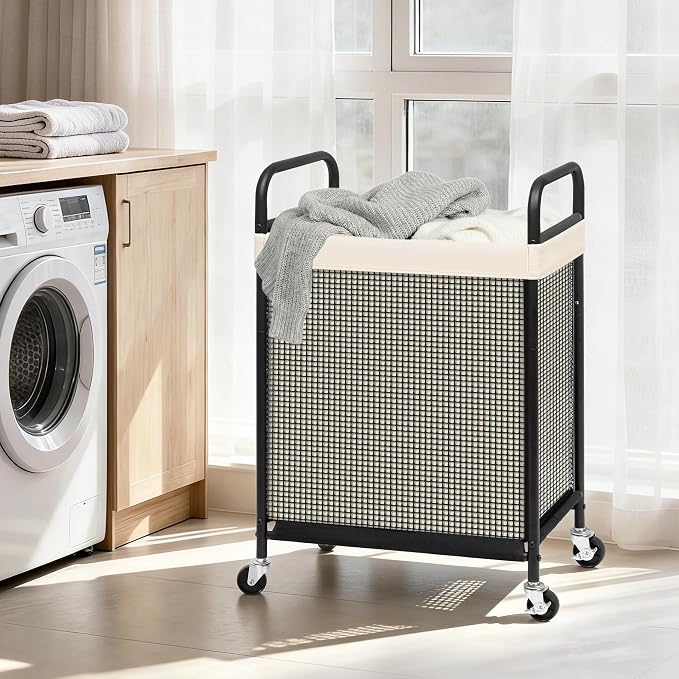 STORAGE MANIAC Rolling Laundry Hamper with Wheels 1-Section Laundry Sorter Rolling Laundrys Basket on Wheels with Removable Bag Clothes Hamper Laundrys Organizer Cart Bathroom Bedroom 90L Beige - Image 2