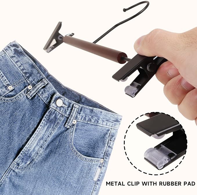 Wire Pants Hangers with Adjustable Clips, Black, 12-Pack | Wooden Skirt Hangers, Non-Slip Clamp Bottom, for Trousers, Jeans, Shorts & Clothing Organization - Image 3