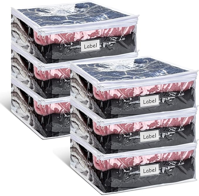 6pcs Clear Zippered Storage Bag Plastic Individual Sweater Storage Bag with Zipper Label Closet Clothing Organizer for Blanket Clothes Bed Sheet Comforter Quilt Pillow(23.6 x 19.7 x 9.8 Inch) by Hoolerry