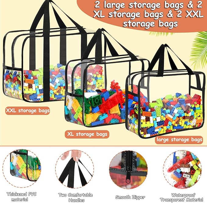 6 Packs Toy Storage Bags with Labels, Reusable Clear PVC Board Game Storage, Travel Waterproof Organizer Bags with Zipper Large Capacity (L, XL, XXL) - Image 3