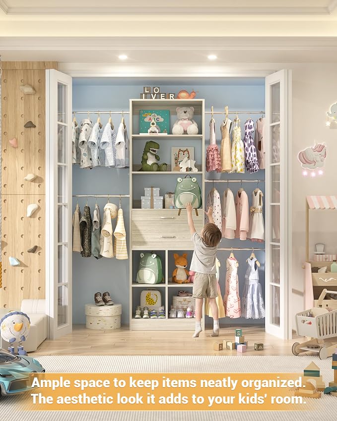 Besiost Small Closet System, 3.2-6.8FT Small Closet Organizer with 5 Hanging Rods, Can Fit 37.5 to 81.9 inch Walk-in Closet System, Built-in, Greige Oak, Enclosed Storage Volume 2.32 ft³ - Image 6