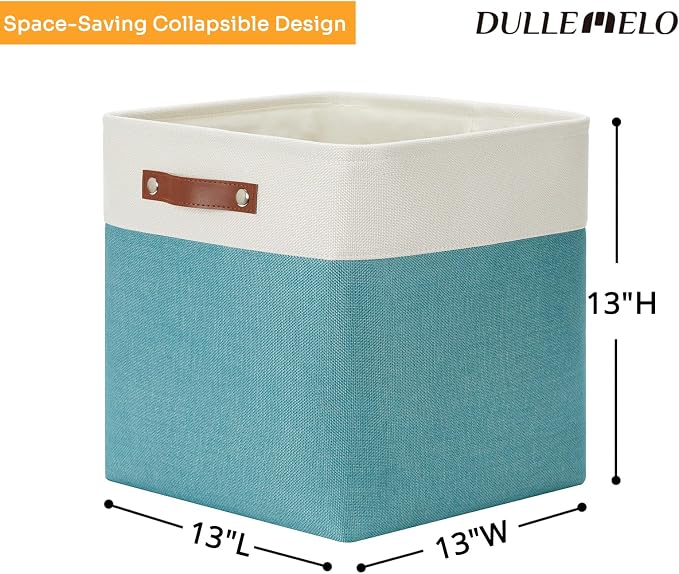 DULLEMELO Storage Bins for Organizing,Closet Storage Baskets for Gift Empty,Large Linen Canvas Storage Bins with Handles for Home Office Toys Shelves(White&Teal, 13 inch Cube) - Image 2