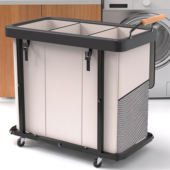 Laundry Hamper 3 Section,230L Rolling Dirty Clothes Hamper White | Laundry Basket with Wheels & Lid,Laundry Organizer Storage Cart with Metal Frame and Wooden Handle for Laundry Room, Hotel by Unlockyourhomestoragelife