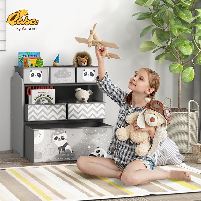 Qaba Toy Organizer with 6 Storage Bins for Bedroom, 25" x 12" x 26", Gray | Kids Storage Unit, Kids Room - Image 2