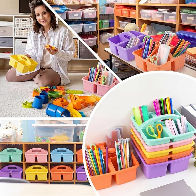 Lineshading 12 Pack Plastic Classroom Caddy - 4 Compartment Organizer Boho Color Table Caddy with Handles for School Home Office Supplies (Yellow,Green,Blue,Pink,Red,Orange) - Image 5
