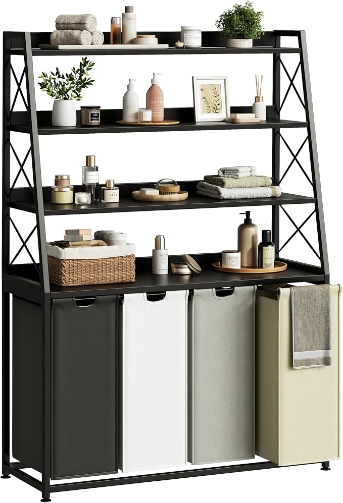 Herture Laundry Basket, 4 Section Laundry Hamper with 4 Tiers Shelf, Pull-Out and Removable Laundry Bags, Large 4 x 15.87 Gallons, for Laundry Room Bathroom Black PF12XLK by Herture