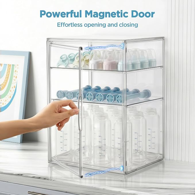 HBlife Baby Bottle Storage Organizer for Countertop Cabinet, 3 Tiers Adjustable Clear Acrylic Bottles Storage Station Case Box Container with 2 Removable Dividers and Magnetic Door, Large - Image 4