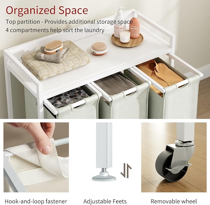 Herture Laundry Hampers with Shelf, Laundry Basket 3 Section, 3 x 15.87 Gal | Laundry Sorter with Pull-Out Removable Large 3 White Bags and Movable Wheels, Metal Frame, White PF04XLW - Image 3