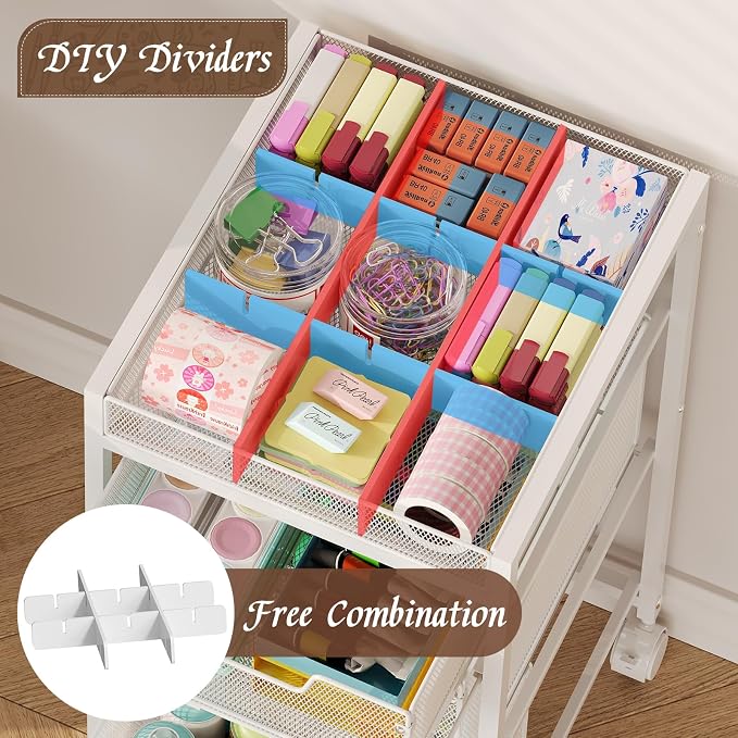 Rolling Utility Cart with 3 Drawers, Craft Organizer and Storage with DIY Divider, Lockable Wheels, Multi-Functional Storage for Art Supplies, Store for Brushes & Paints & Artifacts,White - Image 4