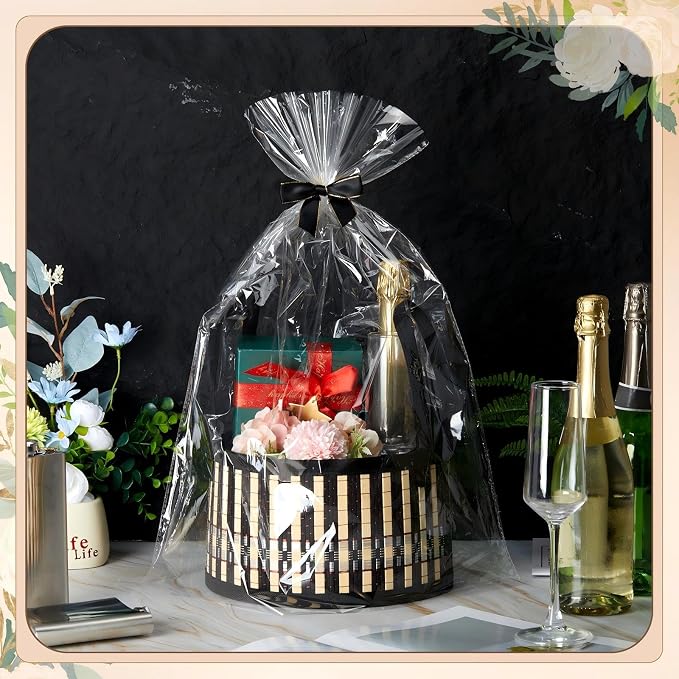 Weysat 6 Set Baskets for Gifts Empty Bulk, Large Woven Bamboo Gift Basket Kit with Handles, Bow, Wrap Bag to Fill for Raffle Thanksgiving Day Wedding Birthdays Party Wrapping (Black) - Image 4