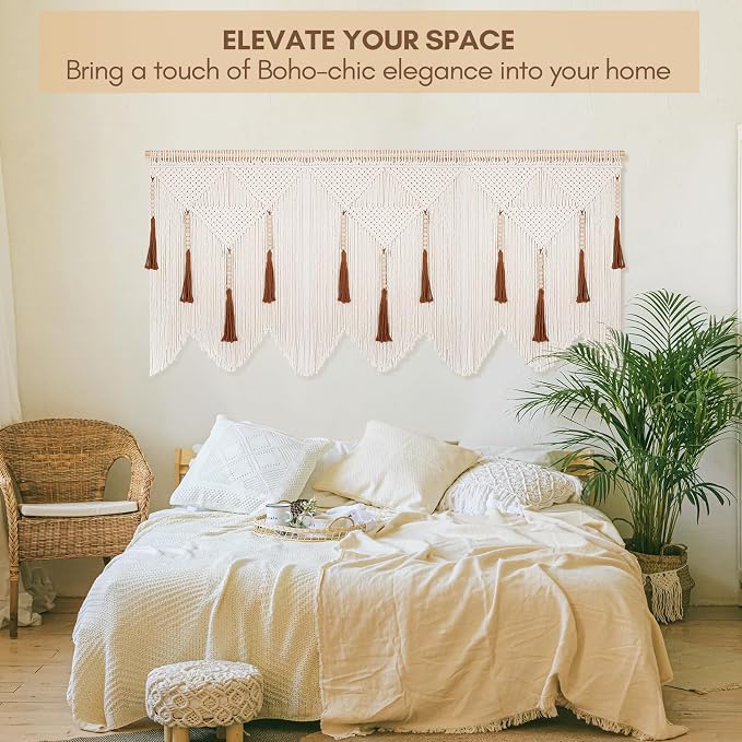 Large Macrame Wall Hanging, Boho Woven Tapestry with Wood Bead Tassel | Minimalist Above Bed Decor, Bohemian Wall Art, Handmade Cotton Woven, for Bedroom Living Room Apartment - Image 4
