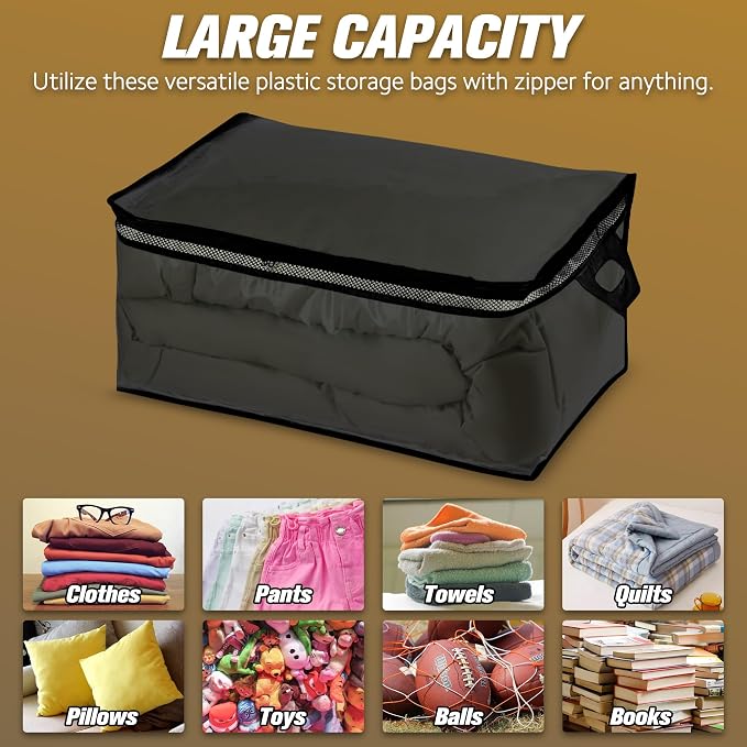 HIBAG 20 Gallon Large Storage Bag for Clothes, Zipper Clothing Storage Bag Organizer with Handles, for Comforters Blankets Pillows Bedding (Black, 2 Pack) - Image 5