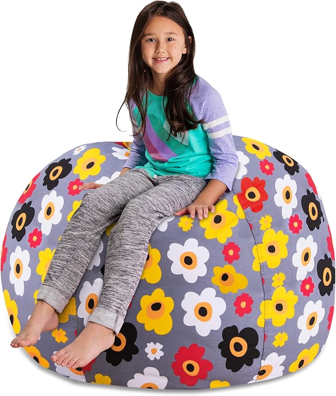 Posh Stuffable Kids Stuffed Animal Storage Bean Bag Chair Cover - Childrens Toy Organizer, X-Large 48" - Canvas Multicolored Flowers on Gray - Image 4