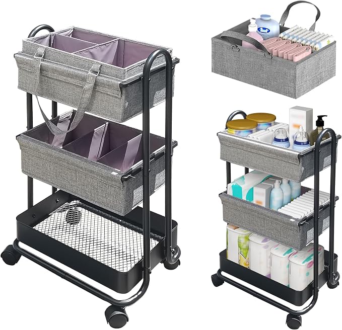 2In1 Baby Diaper Caddy Organizer with Dividers,3-Tier Diaper Rolling Cart,Mobile Metal Utility Cart for Baby Nursery,Baby Bedside Cart, Large Capacity Black by Elitehouse