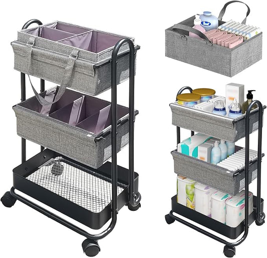 2In1 Baby Diaper Caddy Organizer with Dividers,3-Tier Diaper Rolling Cart,Mobile Metal Utility Cart for Baby Nursery,Baby Bedside Cart, Large Capacity Black by Elitehouse