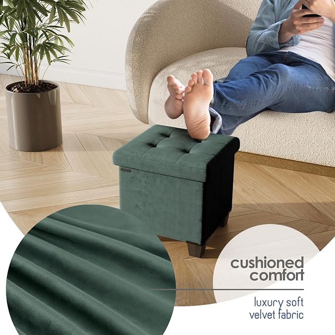 Storage Ottoman Cube with Small Bin, 15-in Square Ottoman with Storage for Living Room and Bedroom, Small Ottomans Foot Rest, Velvet Foot Stools Ottomans Max 330lbs, Green - Image 7