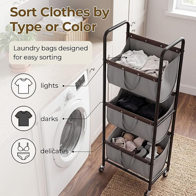 GRANNY SAYS 3 Tiered Laundry Sorter, Narrow Hamper Cart with Wheels | Sturdy 3 Section Laundry Basket with Wheels, Vertical Grey Hamper Cart for Bedroom, Bathroom, Apartment - Image 3