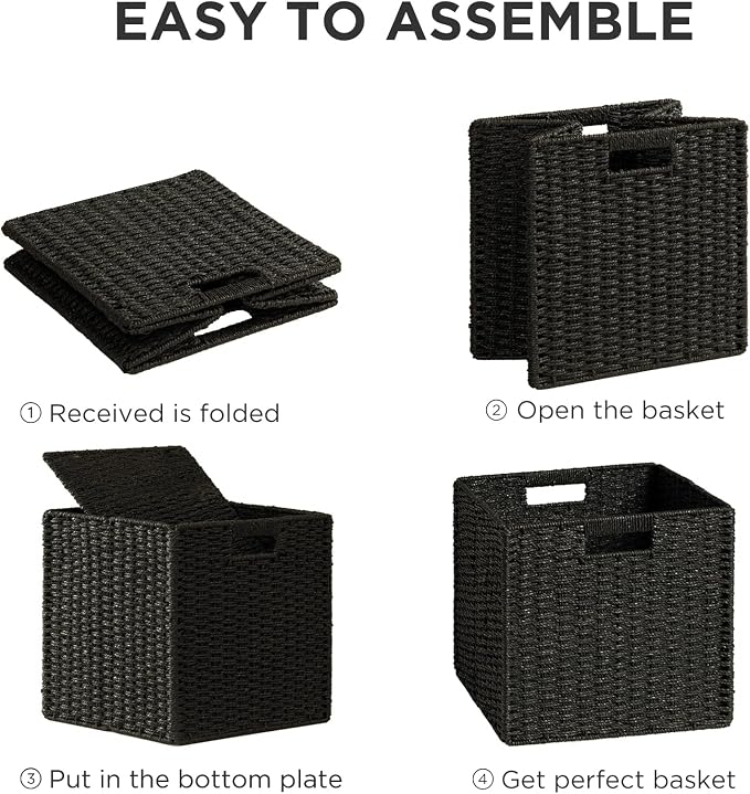 UBBCARE 3 Pack Wicker Basket, 11L×11H×10.5W inch Woven Paper Rope Storage Baskets for Shelves, Foldable Cube Storage bin with Handle, Storage Basket for Organizing & Decor, Black - Image 7