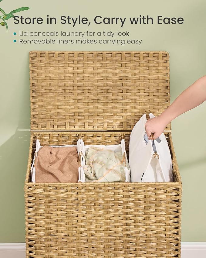 SONGMICS 3-Section Laundry Hamper with Lid, 42.2 Gal (160L) PE Rattan Laundry Basket with Removable Washable Liners, for Bedroom & Living Room, Goose Yellow ULCB223YE01 - Image 4