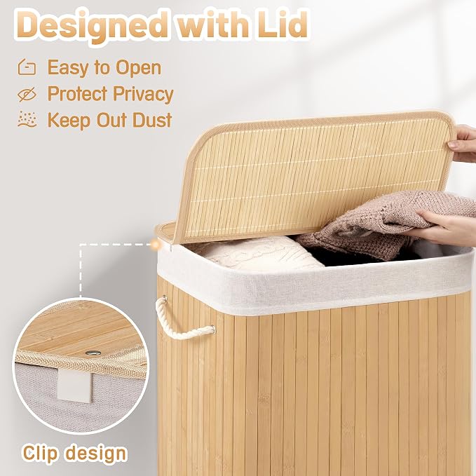 Aliphon 72L Slim Laundry Hamper with Lid, Foldable Bamboo Clothes Laundry Basket with Handles, Removable and Machine Washable Liner, for Bedroom, Bathroom, Dorm, Natural Beige - Image 6
