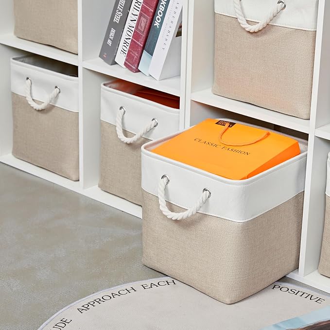 MidmmVick 12 x 12 Inch Cube Storage Bins, 6 Pack Large Collapsible Fabric Storage Bin with Ropes, Foldable Storage Cubes for Home, Office,Closet, Clothes, Toys Organizer (White & Beige) - Image 3