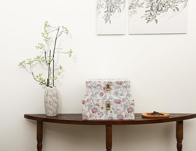 2-Piece Decorative Storage Boxes with Lids, Illustrated Botanical Floral Design in Soft Vintage Tones, Keepsake Boxes with Decorative Metal Closure, Memory Storage Boxes for Home Décor - Image 2