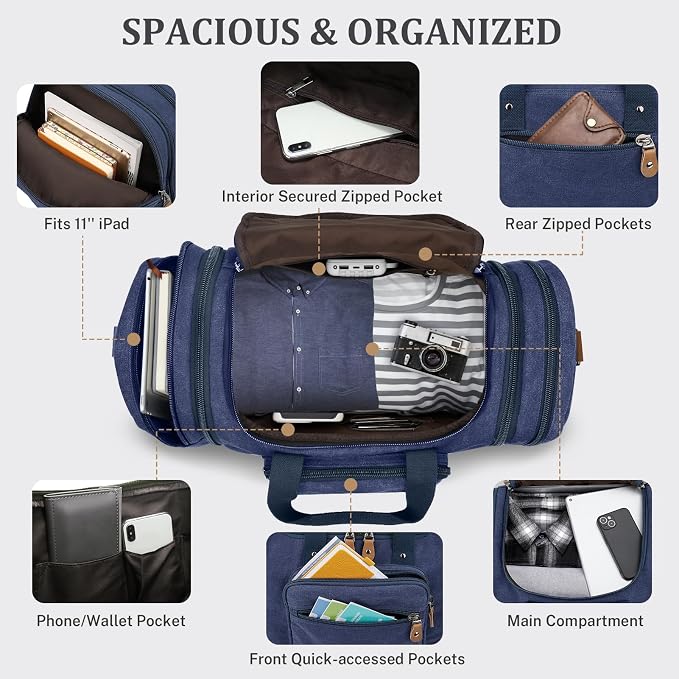 Gonex Canvas Duffle Bag, Expandable 60L Travel Overnight Weekender Bag | Multiple Pockets, Carry-On Size, Durable Zippers, Detachable Strap, for Men & Women, Blue - Image 4