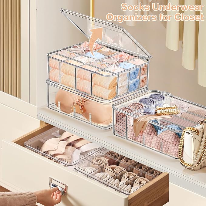 2pcs Sock Underwear Organizer, Sunoyar 16 Compartment Adjustable Dividers Tie Bras Socks Underwear Drawer Organizers for Closet, Clear Plastic Storage Containers Box with Lids for Ties Bra Scarf Socks - Image 4