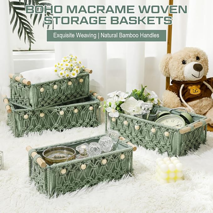 Vesici 4 Pcs Sage Green Macrame Storage Basket for Shelves 13" 11" Boho Storage Basket Hand Woven Boxes with Wood Handles Beads Decorative Countertop Toilet Cabinet Organizer for Home Decor - Image 5