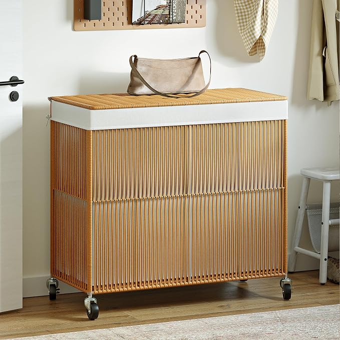 WOWLIVE Laundry Basket 3 Section, Handwoven Laundry Hamper with Wheels | Rolling Clothes Hamper with Lid and Divided Removable Bag, 160L Large Laundry Sorter, Laundry Room Organization, Natural - Image 3