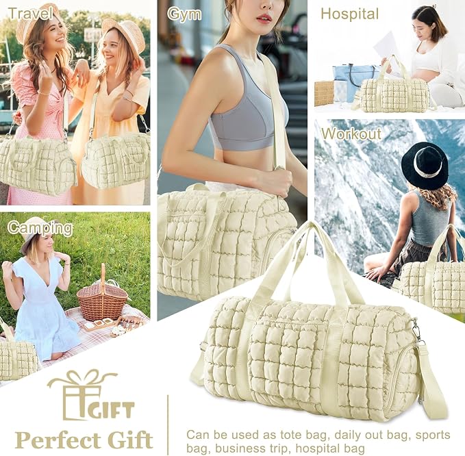 Quilted Travel Duffle Bag Gym Bag for Women,Large Puffer Duffle Weekender Bag with Compartment,Workout Overnight Carry on Organizer Bag Duffle Bag for Airplane Travel(Off-white) - Image 7