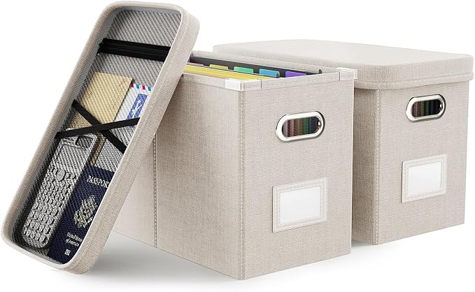 File Organizer With Lid, Hanging Filing Box With Mesh Pocket, Document Organizer for Letter Files, Portable Storage With Smooth Sliding Rail for Office & Home (2 PCS, Beige) by Oterri