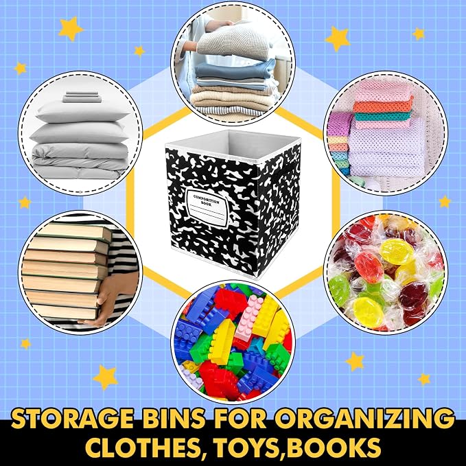 Demonwer 6 Pcs 11 Inch Fabric Storage Bins Notebook Themed Cubby Basket Bins with Handles Notebook Storage Containers for Back to School Decorations Office Home Organizer Supplies - Image 3
