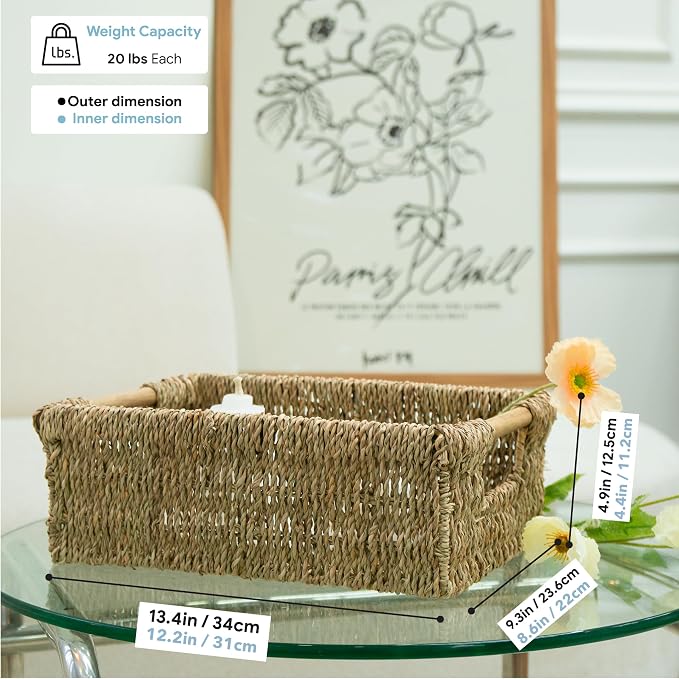 Natural Seagrass Storage Basket with Handle, Rectangular Woven Organizer Bin for Living Room or Shelf, Decorative Storage Basket, Medium Size 13.4 x 9.3 x 4.9 Inches - Image 4