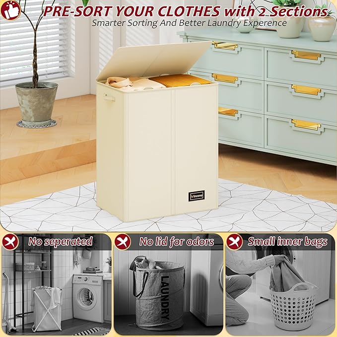 150L Laundry Hamper 2 Section, Large Laundry Hamper with Lid, Dirty Clothes Hamper with 2 Removable Inner Bags, Collapsible Laundry Basket Organizer for for Clothes Toys Towels, Hamper 2 Compartment - Image 5