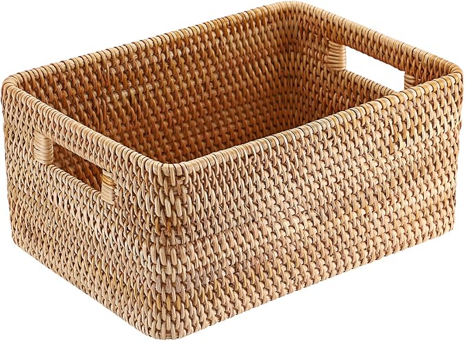 Hipiwe Rattan Wicker Basket for Shelf Organizer Natural Basket with Handles | Handwoven Open Storage Bin Rectangular Closet Organizer Bin Multipurpose Storage Box, 13.8" x 9.8" x 6.3" by Hipiwe