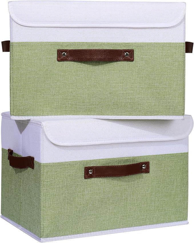 ANMINY Fabric Storage Box Bins with Lids, Green White, 15"x10"x10", 4 Pack | Keepsake Memory Storage, Cotton Linen, PP Board Reinforced, Washable, PU Handles, Foldable & Stackable, Decorative, Large - Image 2