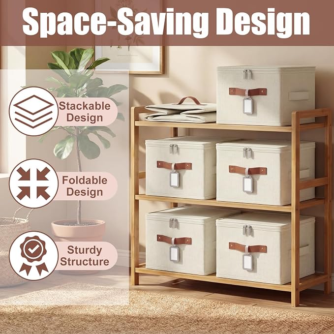6 Pack Fabric Closet Storage Bins with Zipper Lids and Label, 10×8×7In Large Size Foldable Cotton Linen Storage Cubes Boxes with PU Leather Handles Holders for Bedroom, Shelf, Nursery, Beige - Image 5